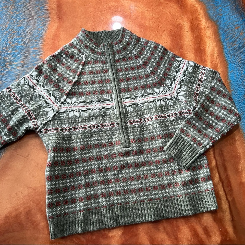 Woolrich Fair Isle Lambswool Sage Pull over zip sweater small petite green